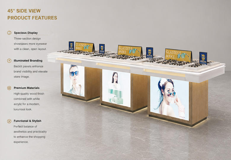 45° oblique view triple module backlit poster segmented frame kiosk wood veneer optical stand feature labels
