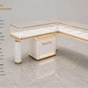 L-Shaped Glass Eyewear Counter | Gold Frame Optician Booth - Sunzen 7 45° oblique view L-shaped gold frame optician booth enclosed glass frame display unit feature labels