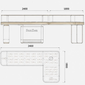 L-Shaped Glass Eyewear Counter | Gold Frame Optician Booth - Sunzen 8 CAD drawing L-shaped white gold glass eyewear counter central logo storage cabinet wire gold leg optical stand
