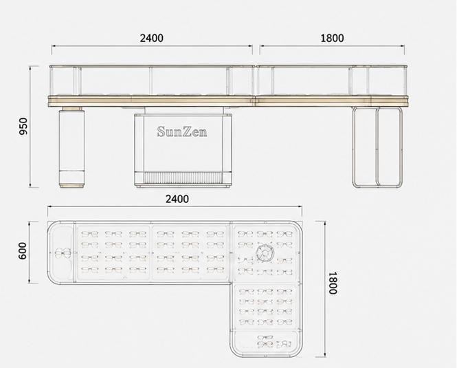 CAD drawing L-shaped white gold glass eyewear counter central logo storage cabinet wire gold leg optical stand