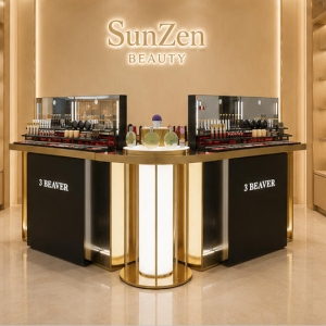 Front full render shot curved gold makeup island inside high-end beauty retail boutique