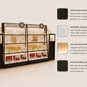 Close-up matte black metal frame, back LED strip and circular emblem for cosmetic display rack