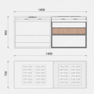 Mix Material Optical Island | Split Modular Eyewear Display Table - Sunzen 8 CAD drawing two-piece split mix material optical island white metal frame stone top wood panel storage eyewear display table