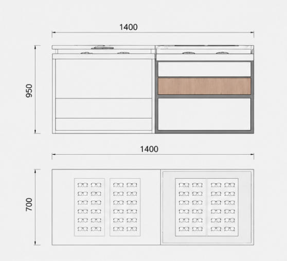 CAD drawing two-piece split mix material optical island white metal frame stone top wood panel storage eyewear display table