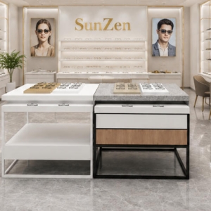 Mix Material Optical Island | Split Modular Eyewear Display Table - Sunzen 5 Full front render shot two-tone split mix material optical island inside minimalist modern optician boutique