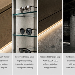 Stacked Wood Optical Island | Backlit Glass Eyewear Wall Fixture Set - Sunzen 5 Close-up natural oak solid wood tier cabinet edge vertical backlit glass frame wall mirror panel hidden warm LED strip