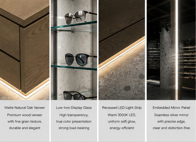 Close-up natural oak solid wood tier cabinet edge vertical backlit glass frame wall mirror panel hidden warm LED strip