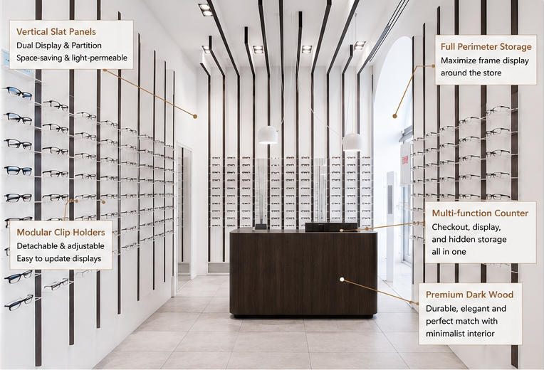 45° oblique view linear frame display wall vertical slat optical panel central wood optician counter feature labels