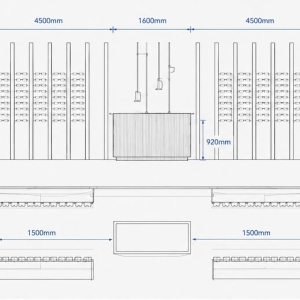 CAD drawing linear vertical slat wall eyewear rack full shop wall display dark wood central optician counter partition optical panel layout