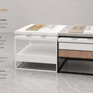 Mix Material Optical Island | Split Modular Eyewear Display Table - Sunzen 7 45° oblique view split modular stone top optician stand wood panel display cabinet feature labels