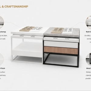 Mix Material Optical Island | Split Modular Eyewear Display Table - Sunzen 6 Close-up speckled stone tabletop natural wood drawer panel white & black metal open frame eyewear stand