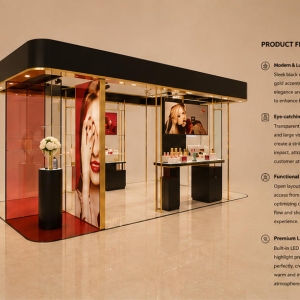 Glass Beauty Booth | Transparent Luxury Makeup Pavilion - Sunzen 5 45° oblique view covered luxury makeup pavilion open glass skincare showcase feature labels