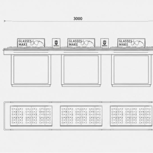Triple Module Eyewear Island | Backlit Poster Optician Counter - Sunzen 7 CAD drawing three-module combined wood veneer eyewear island side backlit poster lightbox edge recessed LED optician display counter