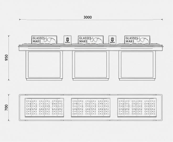 CAD drawing three-module combined wood veneer eyewear island side backlit poster lightbox edge recessed LED optician display counter