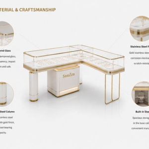 L-Shaped Glass Eyewear Counter | Gold Frame Optician Booth - Sunzen 6 Close-up brushed gold glass enclosure vertical cylinder support ribbed LED logo storage cabinet