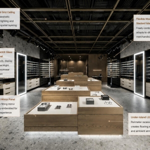 Stacked Wood Optical Island | Backlit Glass Eyewear Wall Fixture Set - Sunzen 6 45° interior annotated shot stacked wood optical island backlit glass eyewear wall dark grid ceiling optical fixture feature labels