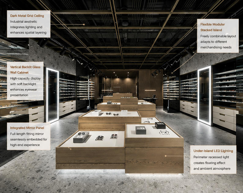 45° interior annotated shot stacked wood optical island backlit glass eyewear wall dark grid ceiling optical fixture feature labels