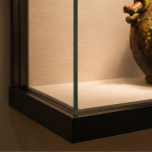 Square Wall-Mounted Artifact Display Niche | Museum Showcase 5 Black frame, glass enclosure and quilted interior material details