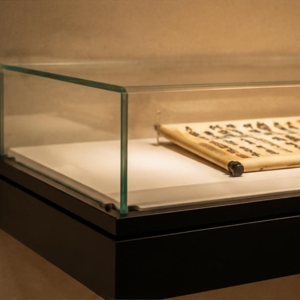 Wall-Mounted Horizontal Manuscript Display Case | Museum Showcase 5 Black frame, glass top and interior lining material details
