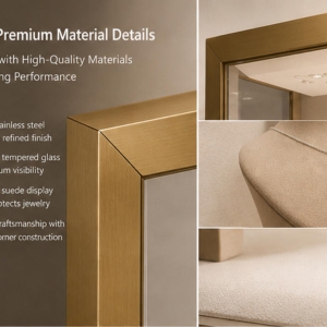 Wall-Mounted Luxury Jewelry Display Case | Brass Framed LED Showcase 5 Brass frame and anti-reflective glass material details
