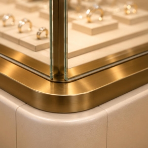 Double Glass-Top Jewelry Display Island Counter | Dual Showcase 4 Champagne gold jewelry showcase cabinet