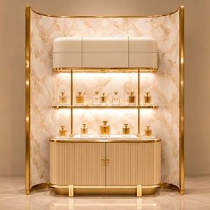 Curved Marble Perfume Wall | Ribbed Base Gold Frame Fragrance Station - Sunzen 2 Curved Marble Perfume Wall | Ribbed Base Gold Frame Fragrance Station - Sunzen