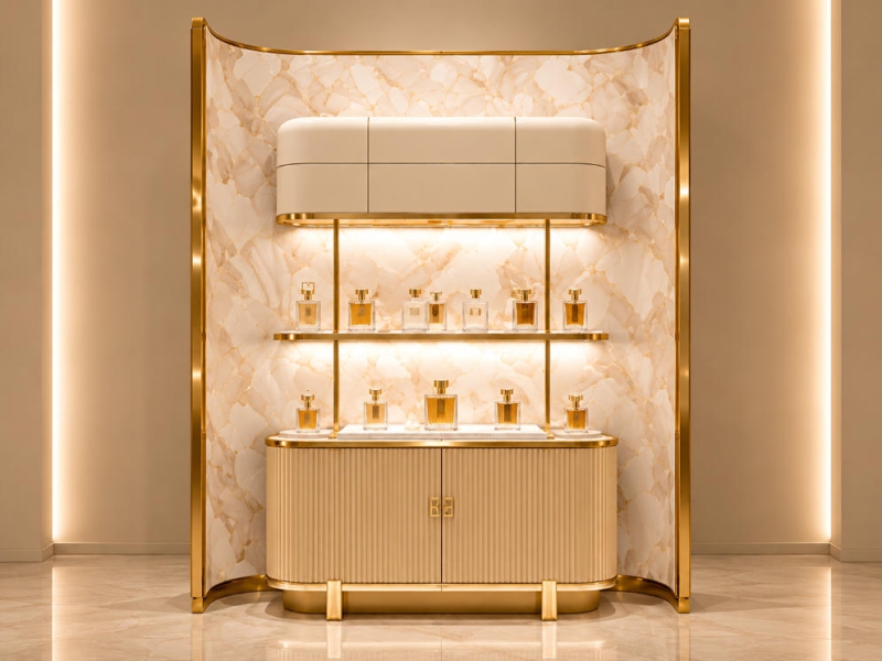 Curved Marble Perfume Wall | Ribbed Base Gold Frame Fragrance Station - Sunzen