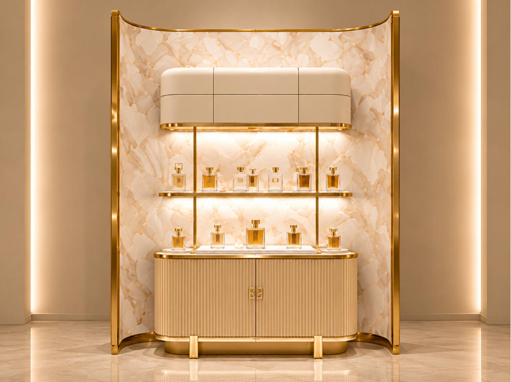 Curved Marble Perfume Wall | Ribbed Base Gold Frame Fragrance Station - Sunzen 1 Curved Marble Perfume Wall | Ribbed Base Gold Frame Fragrance Station - Sunzen