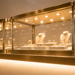 Double Glass-Top Jewelry Display Island Counter | Dual Showcase 3 Custom jewelry display counter for luxury retail stores
