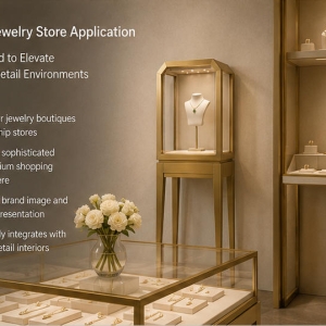 Gold Floor-Standing Jewelry Display Cabinet | Museum-Style Showcase 3 Floor-standing jewelry showcase in real jewelry store scene