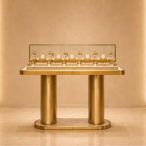 Gold Leg Perfume Island | Glass Top Central Fragrance Table - Sunzen 2 Gold Leg Perfume Island | Glass Top Central Fragrance Table - Sunzen