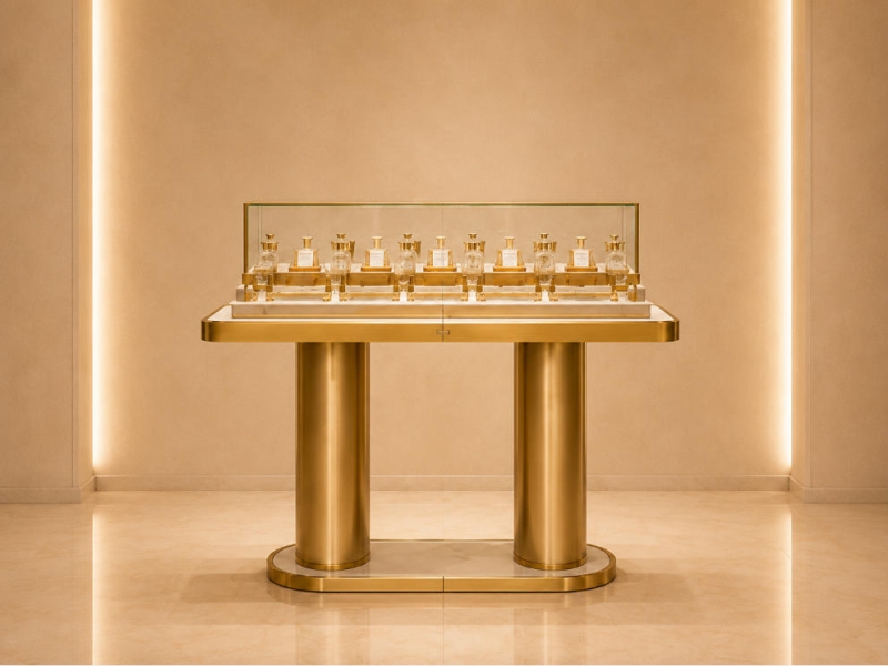 Gold Leg Perfume Island | Glass Top Central Fragrance Table - Sunzen