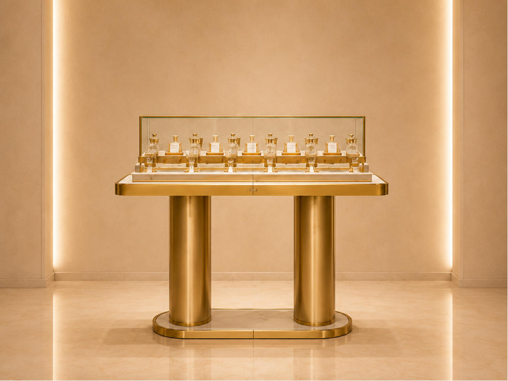 Gold Leg Perfume Island | Glass Top Central Fragrance Table - Sunzen 1 Gold Leg Perfume Island | Glass Top Central Fragrance Table - Sunzen