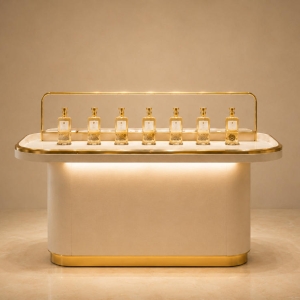 Gold Trim Perfume Counter | Backlit Luxury Scent Showcase - Sunzen 2 Gold Trim Perfume Counter | Backlit Luxury Scent Showcase - Sunzen
