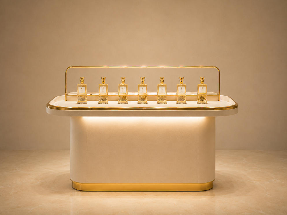 Gold Trim Perfume Counter | Backlit Luxury Scent Showcase - Sunzen 1 Gold Trim Perfume Counter | Backlit Luxury Scent Showcase - Sunzen