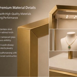 Gold Floor-Standing Jewelry Display Cabinet | Museum-Style Showcase 5 Gold frame and anti-reflective glass material details 1