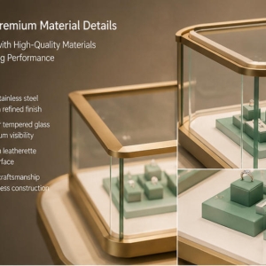 Gold Retail Jewelry Display Counter | Multi-Unit Showcase 4 Gold frame, glass and green accent material details