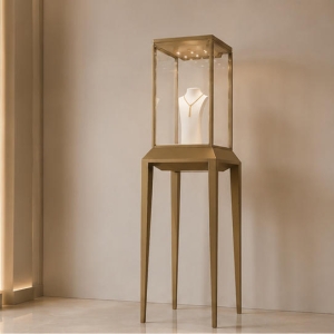 Gold Pedestal Jewelry Display Case | Jewelry-Style Showcase 6 Gold pedestal jewelry display case different angle view