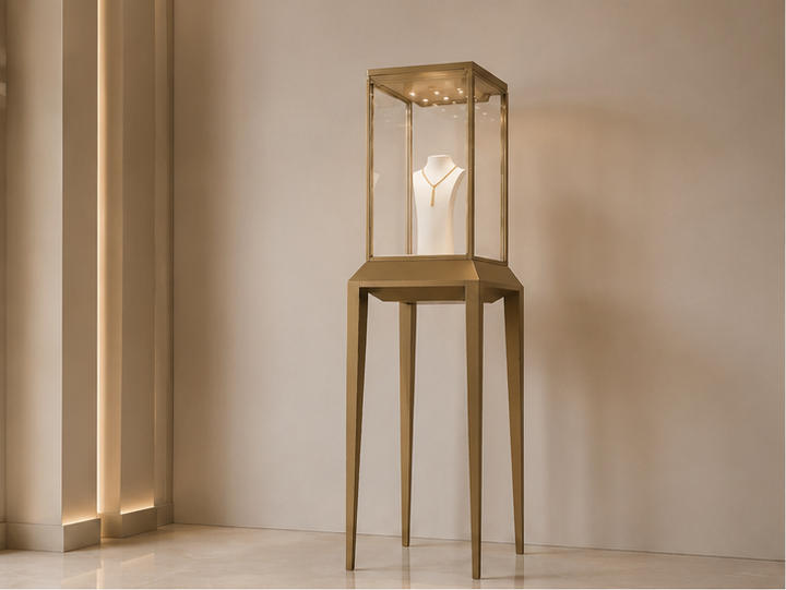 Gold pedestal jewelry display case different angle view
