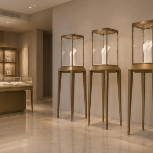 Gold Pedestal Jewelry Display Case | Jewelry-Style Showcase 3 Gold pedestal jewelry display case in real jewelry store scene