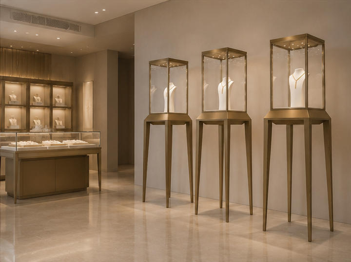 Gold pedestal jewelry display case in real jewelry store scene