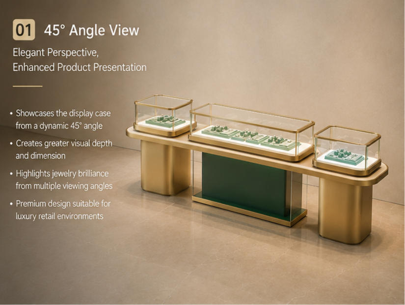 Gold retail jewelry display counter different angle view