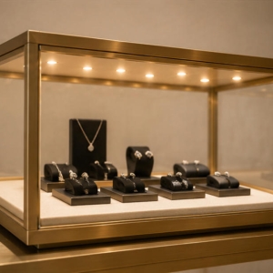 Modular Jewelry Display Console Set | Brass Frame Showcase 4 LED illuminated jewelry display showcase