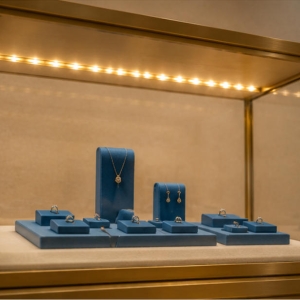 Triple-Section Modular Jewelry Display Table | 3 Showcase Set 5 LED illuminated jewelry showcase interior