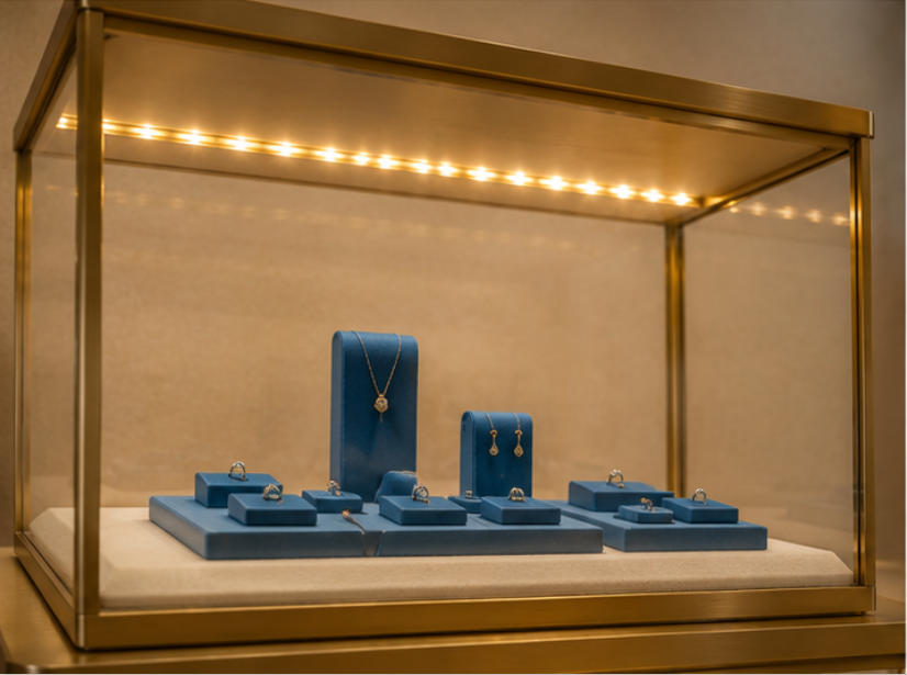 LED illuminated jewelry showcase interior