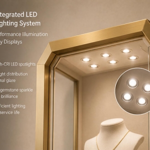 Gold Floor-Standing Jewelry Display Cabinet | Museum-Style Showcase 4 LED lighting effect of floor-standing jewelry showcase