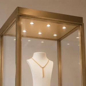 Gold Pedestal Jewelry Display Case | Jewelry-Style Showcase 4 LED lighting effect of pedestal jewelry showcase