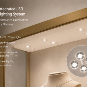 Wall-Mounted Luxury Jewelry Display Case | Brass Framed LED Showcase 4 LED lighting feature of jewelry showcase