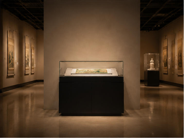 Low-profile freestanding display case in museum setting