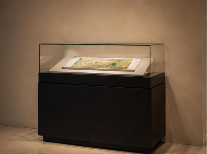 Low-profile freestanding horizontal artifact display case different angle view